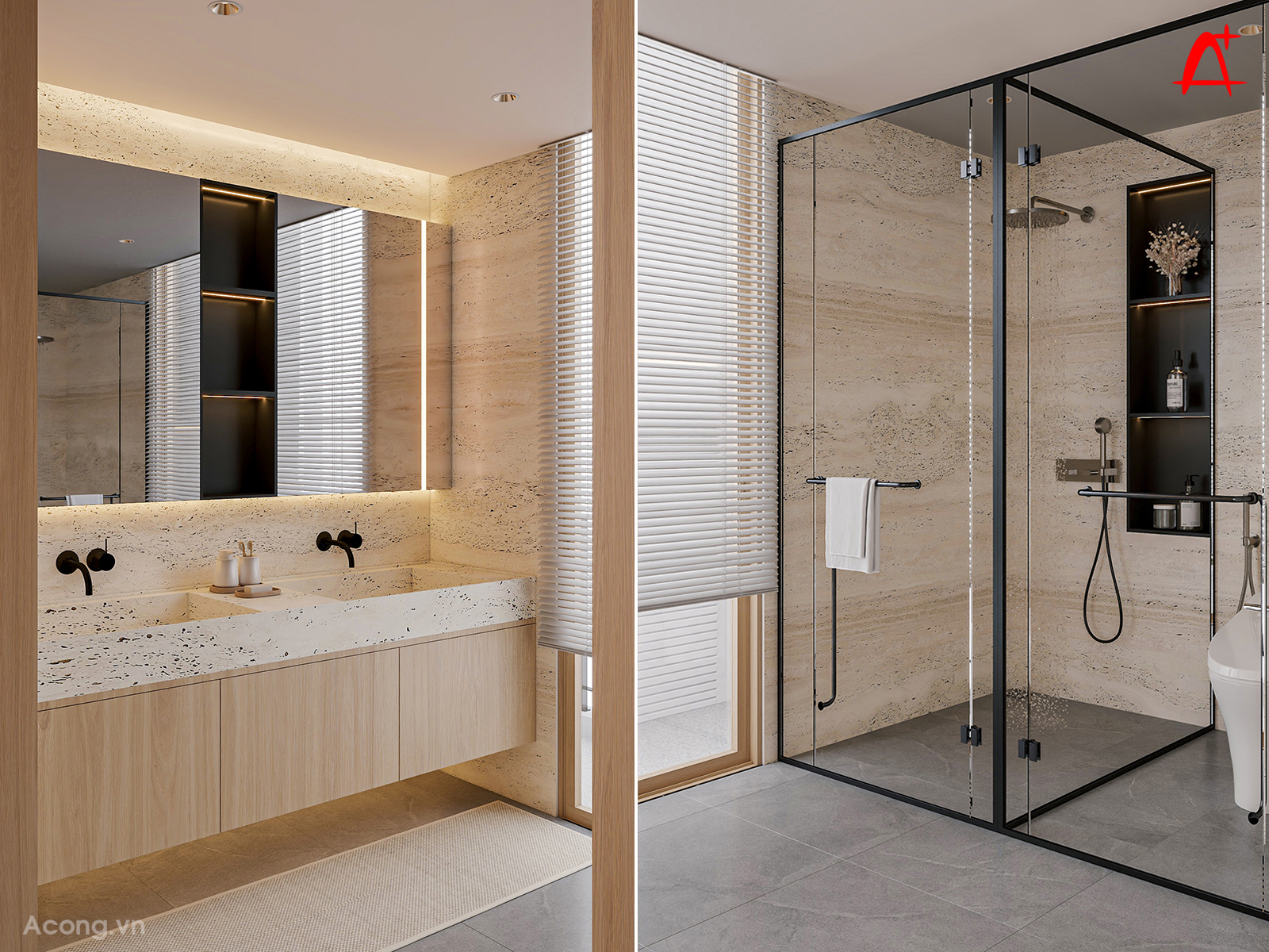 Không gian vệ sinh hiện đại, sử dụng đá vân sáng, vách kính và ánh sáng gián tiếp.